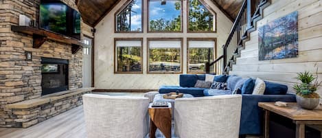 Smart TV, fireplace, table football, books