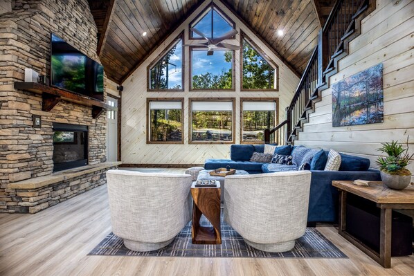 Smart TV, fireplace, foosball, books