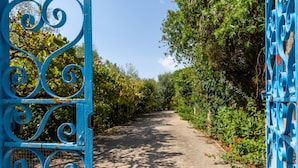 Ein Weg, der durch einen Garten führt, gesäumt von blau lackierten Metallgittern.
