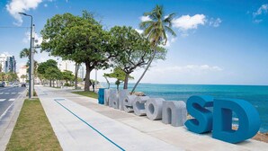 Een kustpad met grote blauwe letters die “Miami SD” vormen, met palmbomen eromheen.