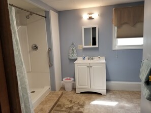 Shower, hair dryer, towels, soap - Open concept 2 bedroom ranch with attached garage and deck (Essexville)