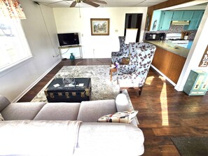 Smart TV, fireplace, books