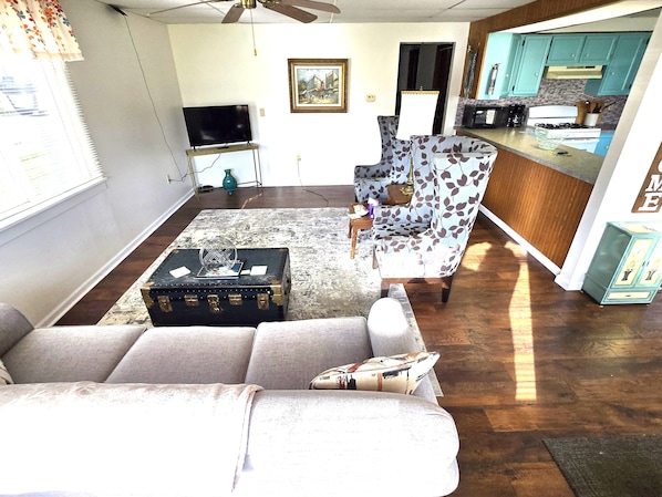 Smart TV, fireplace, books