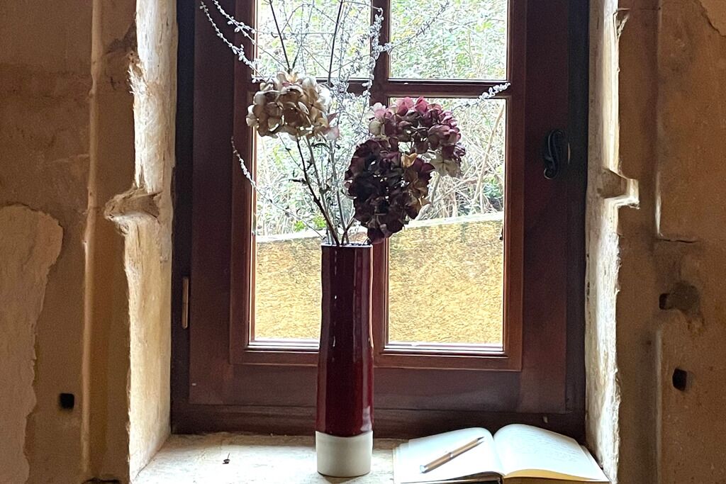 A window with a view of a yard, a red vase with flowers, and an open book on the windowsill.