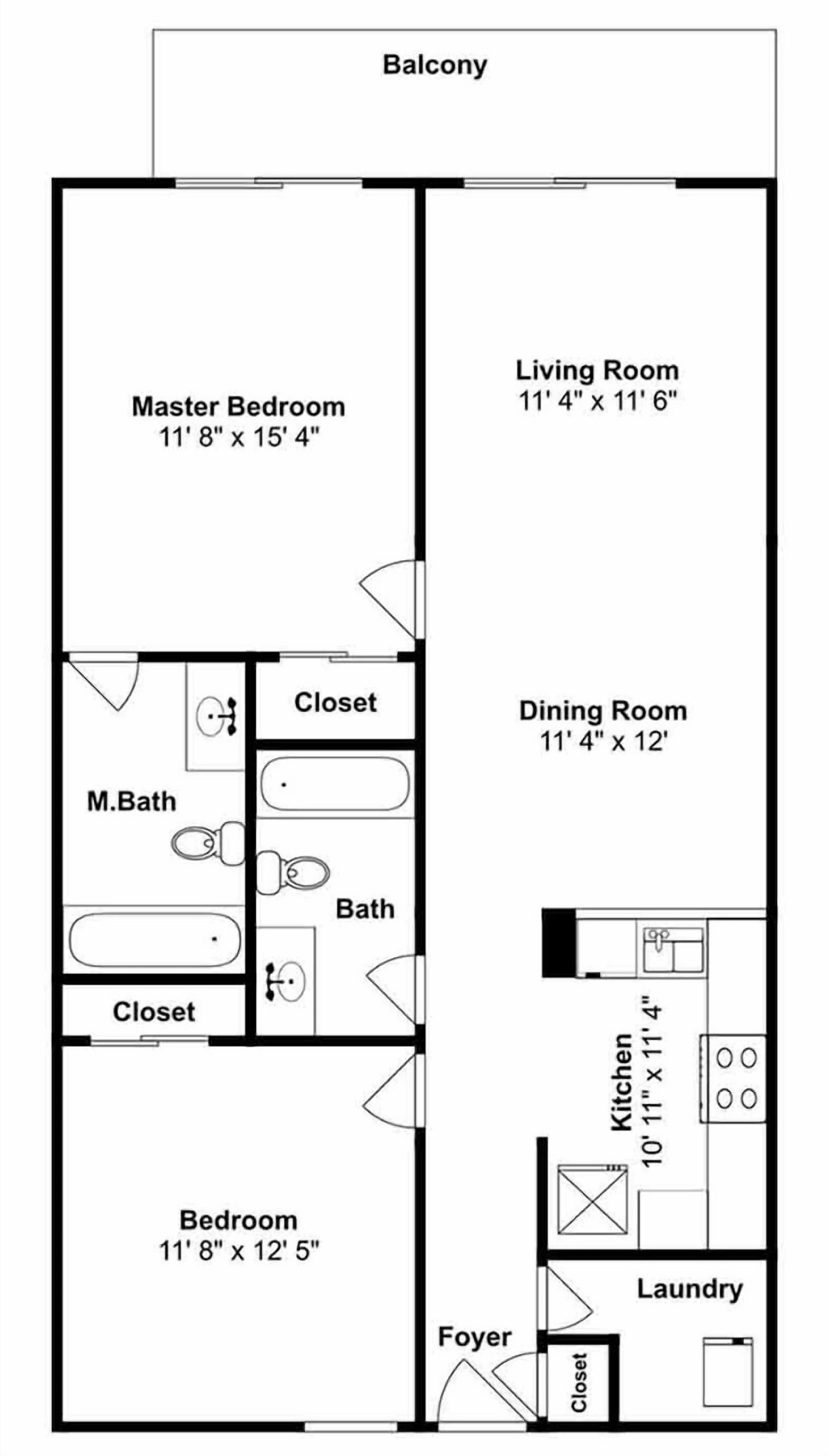 Ein Grundriss einer Studio-Wohnung mit Balkon, Schlafzimmer, Wohnzimmer, Esszimmer, Küche, Bad und Waschraum.