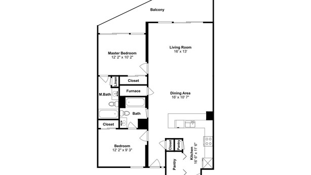A floor plan of a house with a master bedroom, living room, dining area, kitchen, and a balcony. - Edgewater #1205 | Gulf Front in Destin, Spectacular Views + Amenities (Miramar Beach)