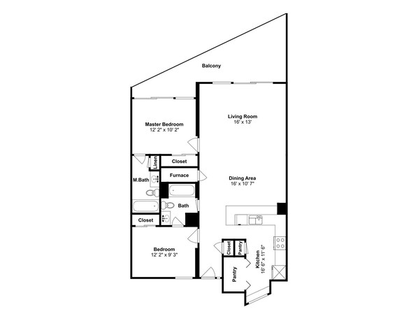 Un plan d’étage d’une maison comprenant une chambre principale, un salon, un coin repas, une cuisine et un balcon.