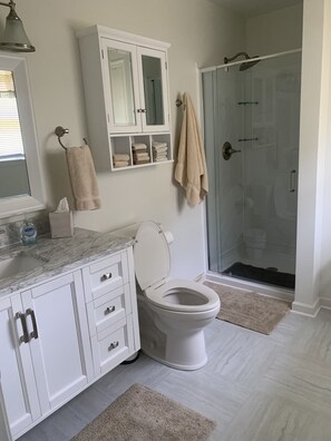 Combined shower/tub, towels, toilet paper