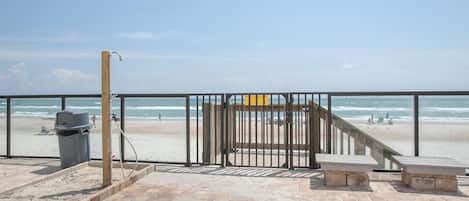 On the beach, sun-loungers, beach towels