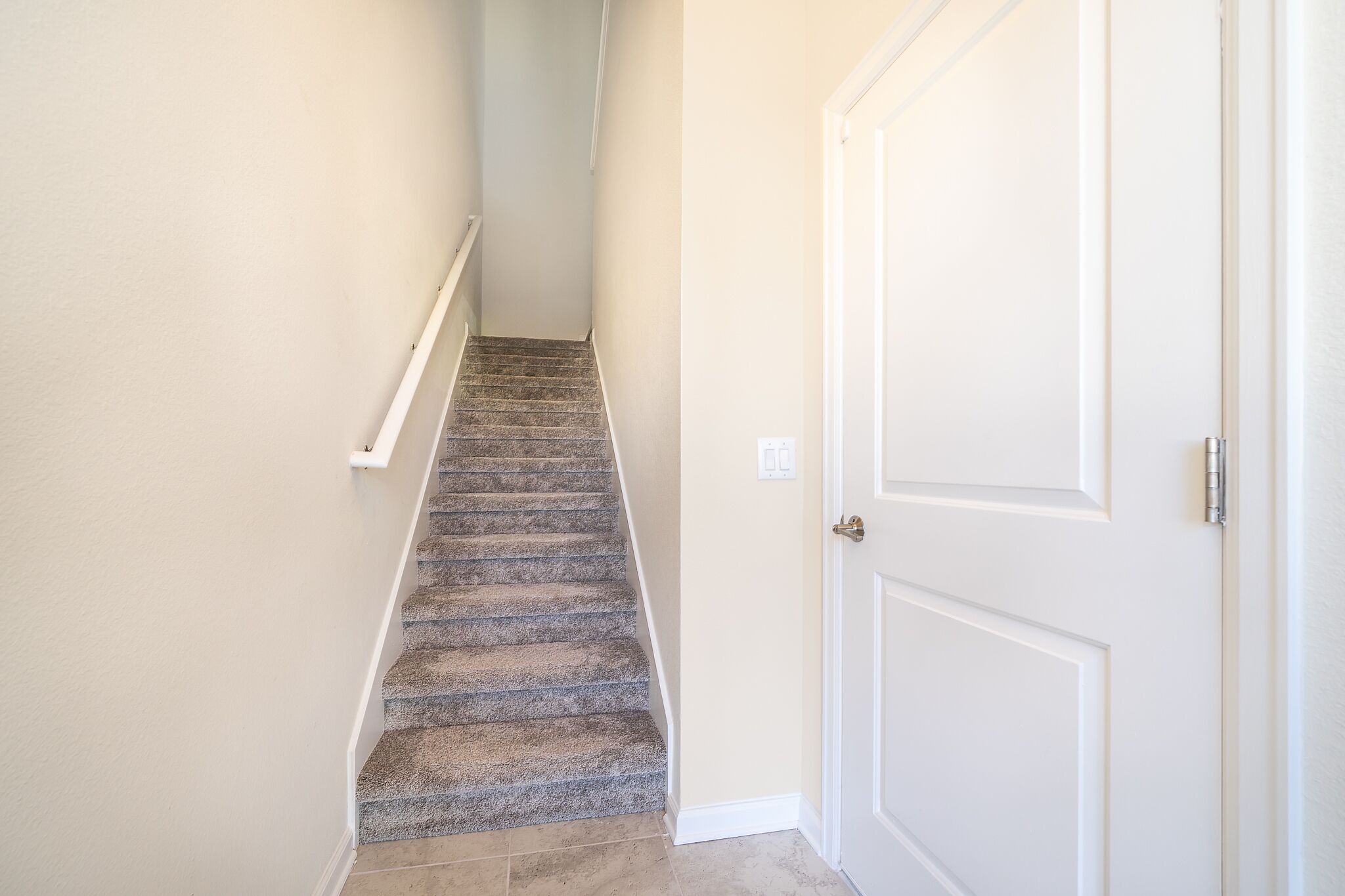 A carpeted staircase with a handrail, leading to a white door.
