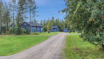 A gravel driveway leading to a row of blue houses with a grassy field and trees on either side.
