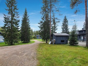 A gravel driveway leading to a small cabin with a metal roof, surrounded by tall evergreen trees and a clear blue sky.