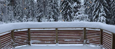 Eine mit Schnee bedeckte Holzbank mit Blick auf schneebedeckte Bäume im Hintergrund.