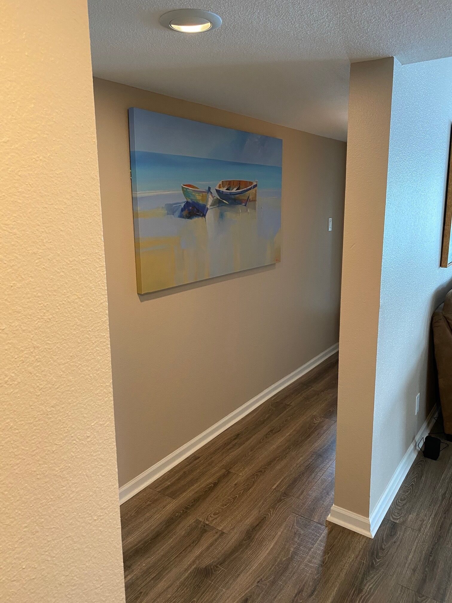 Un couloir avec un plancher en bois, des murs de couleur beige et un luminaire au plafond.