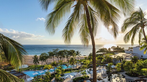 Un resort con piscina, palmeras y vista al océano.