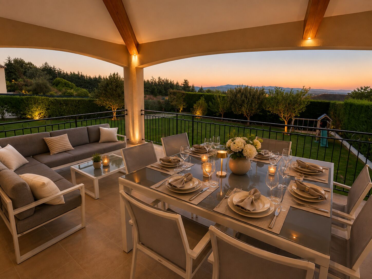 Een terras met een tafel voor vier personen, omringd door stoelen en een bank met kussens.