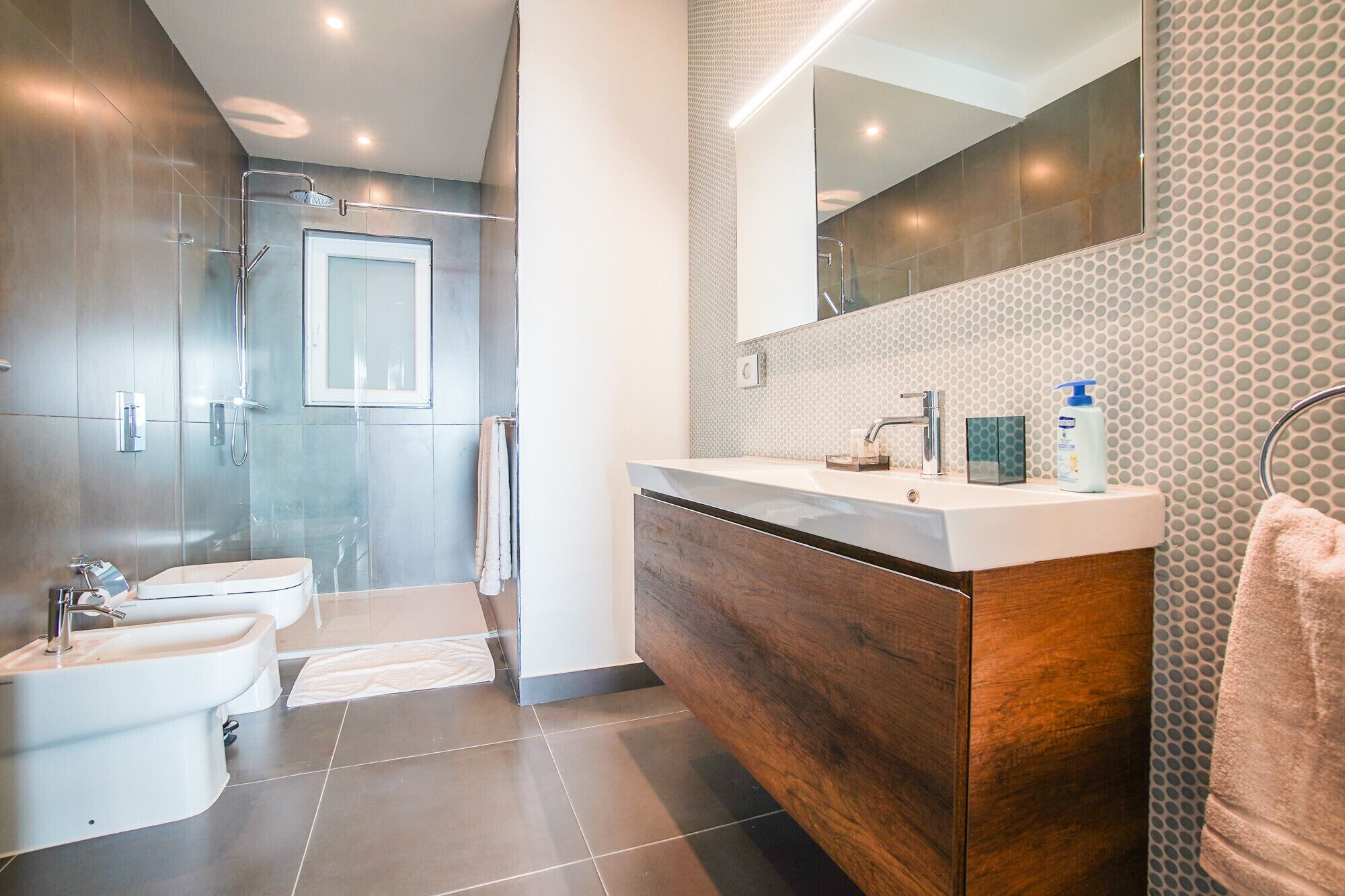 Bathtub, hair dryer, bidet, towels