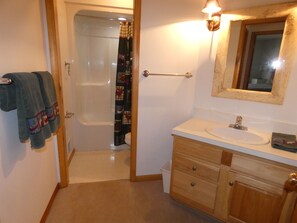 Combined shower/tub, hair dryer, towels