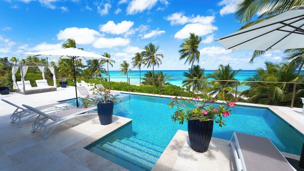 A pool area with lounge chairs, a canopy, and potted plants.