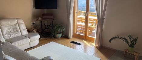 A living room with a sofa, a television, a potted plant, and a view through a glass door to an outdoor deck.