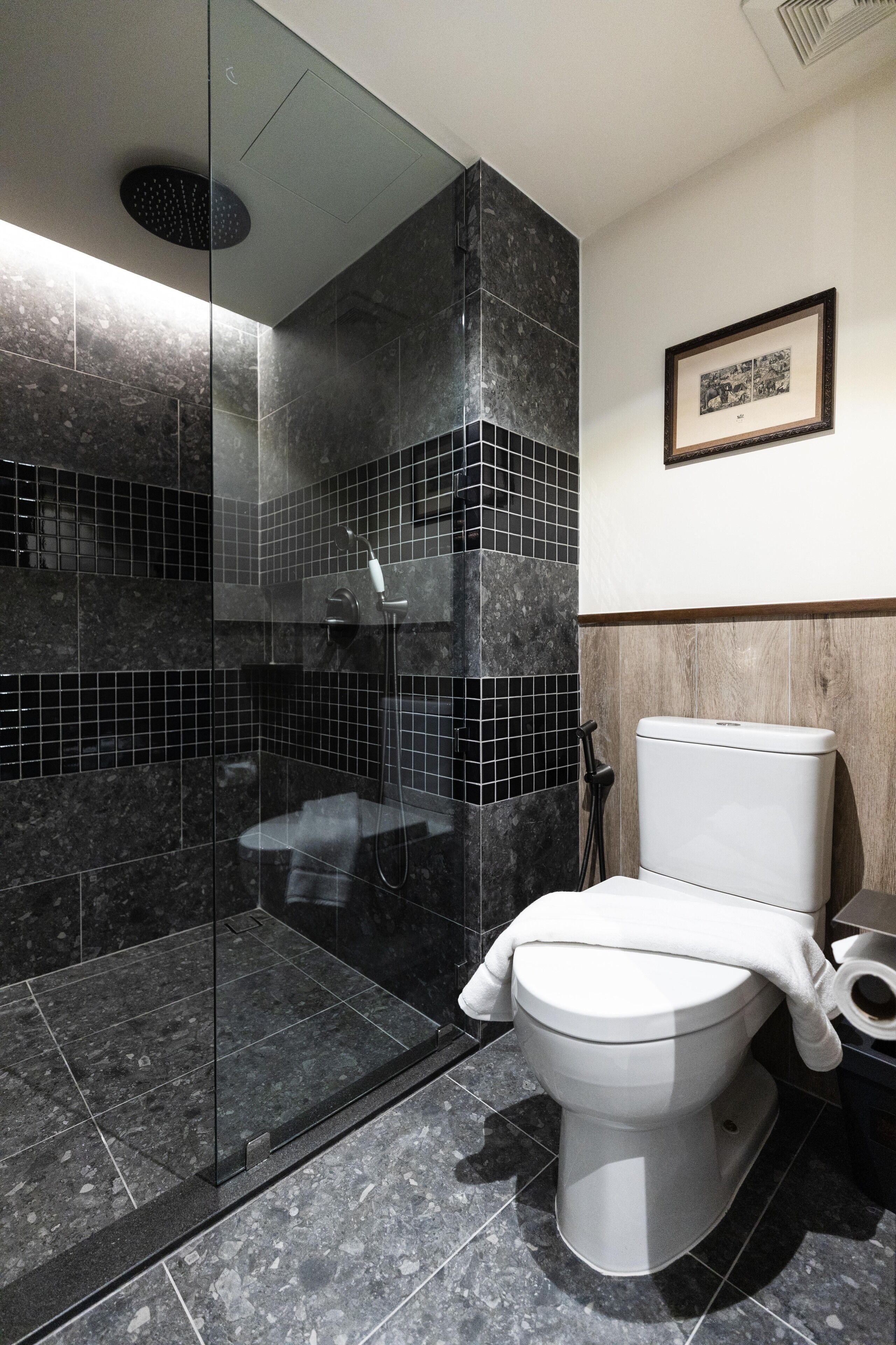 A modern bathroom with a glass-enclosed shower, a white toilet, and a framed picture on the wall.