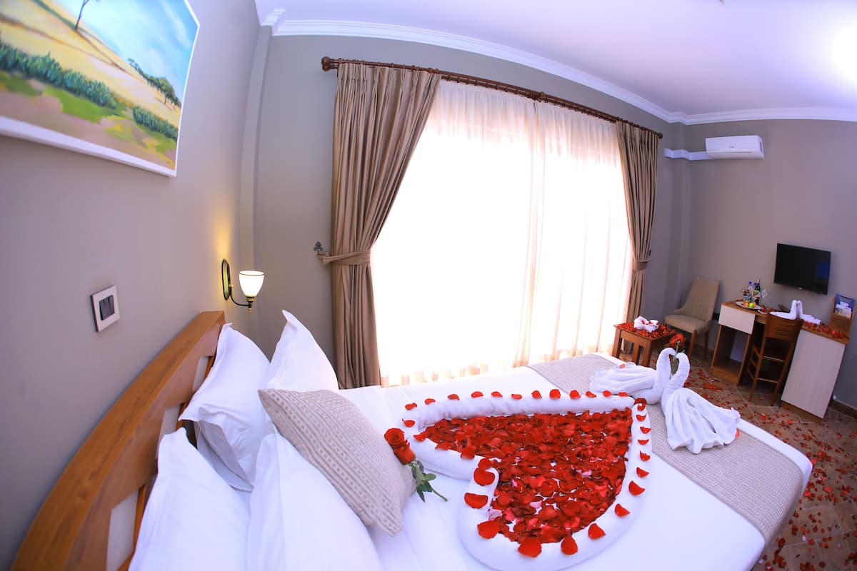 Une chambre d’hôtel équipée d’un lit, d’un bureau, d’une chaise et d’un téléviseur.