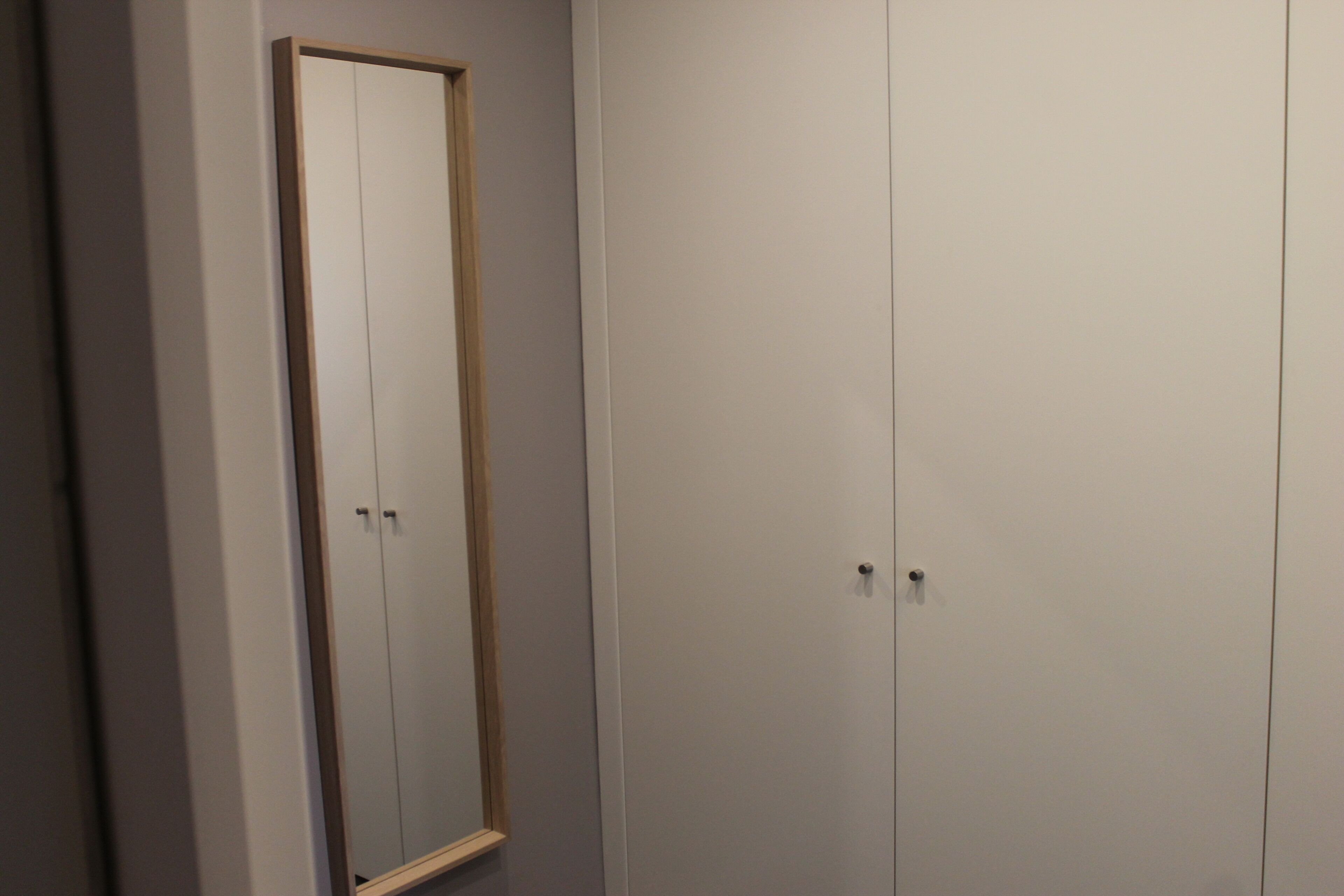 A room with a large wardrobe and a mirror.