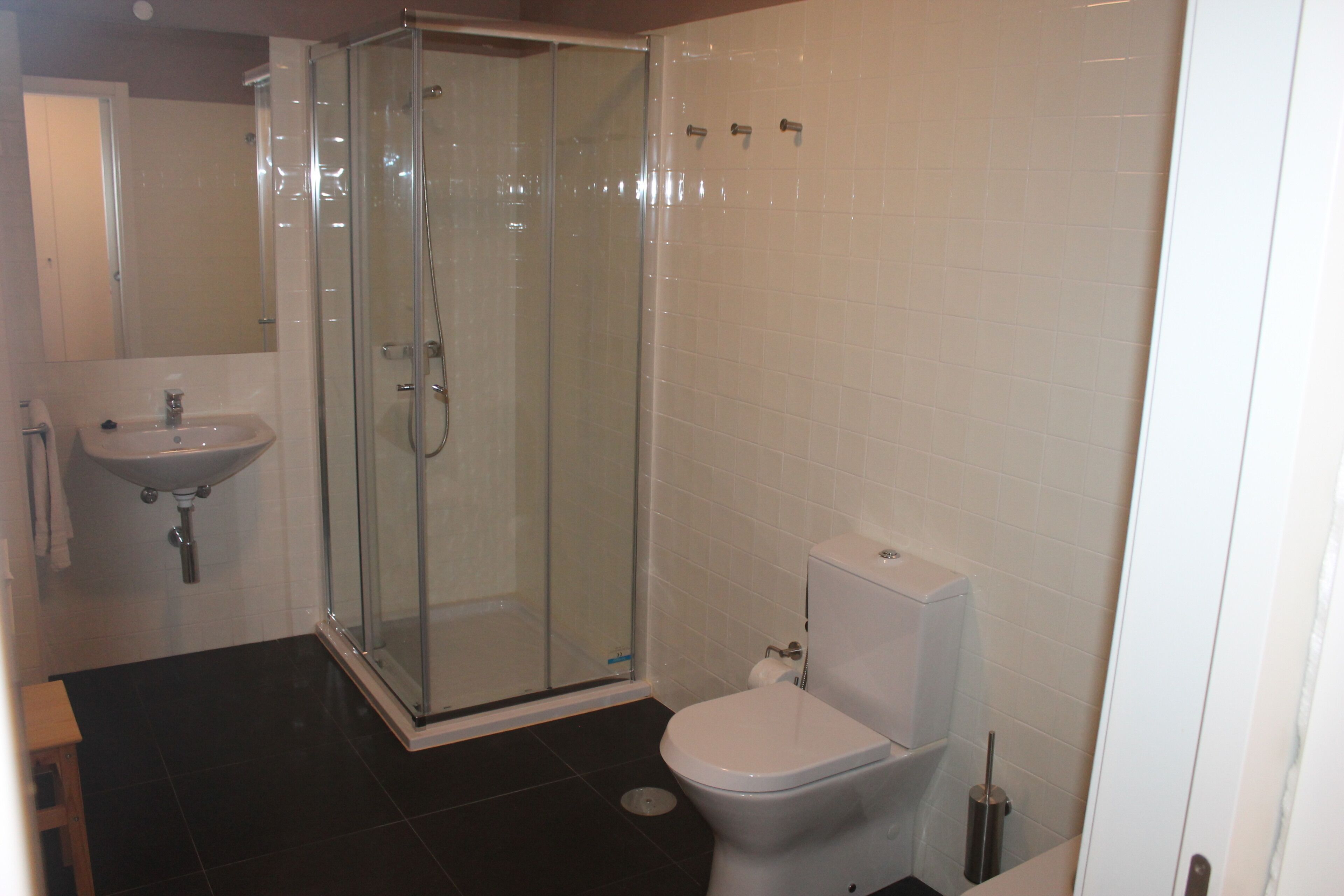Un baño con ducha de vidrio, lavamanos blanco y un inodoro.