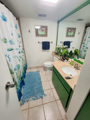 Combined shower/tub, towels, soap, toilet paper