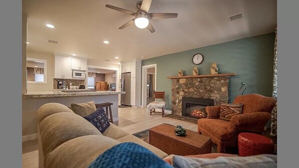 Smart TV, fireplace, books