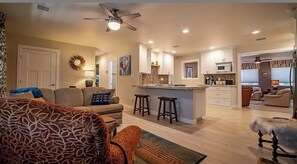 Smart TV, fireplace, books