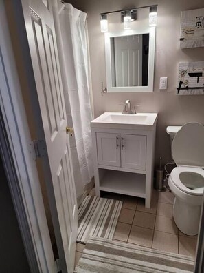 A bathroom with a white sink, a mirror, a toilet, and a shower curtain. - Spacious 2 Bdrm Condo Walking distance to Weirs Beach!! (Laconia)