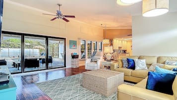 Smart TV, fireplace, books, offices
