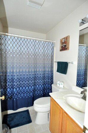 A bathroom with a patterned shower curtain, a toilet, a sink, and a mirror. - Cacapon Connected - Workplace Retreat (Berkeley Springs)