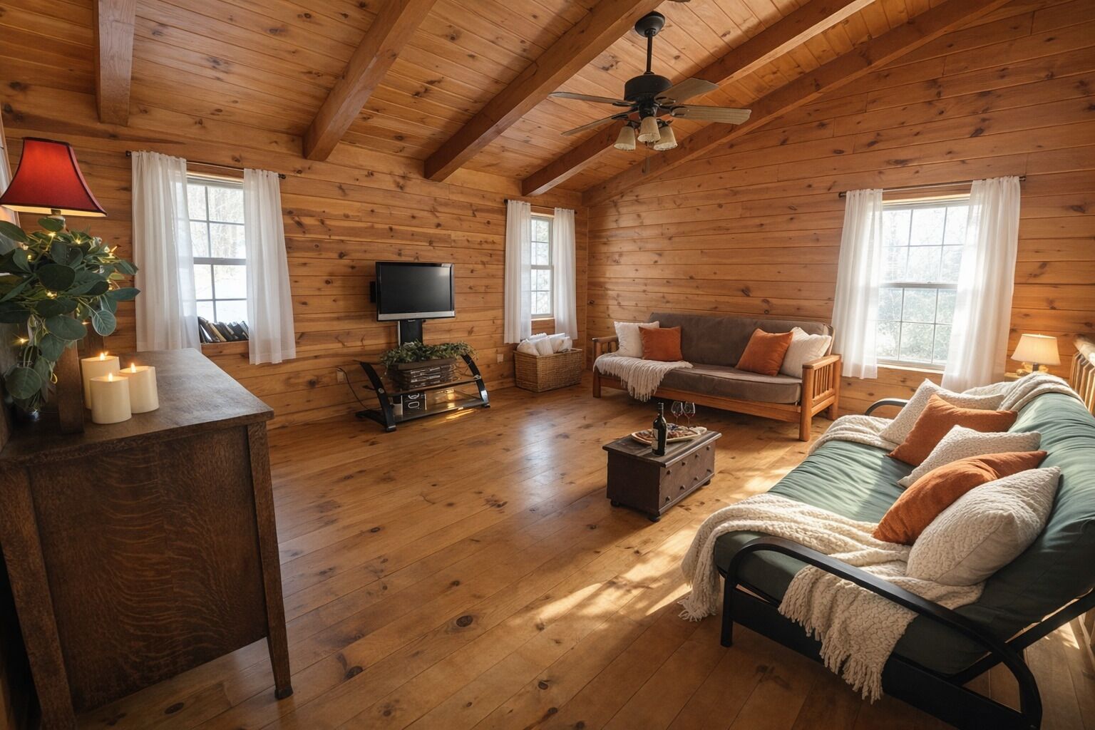A wooden cabin interior with a sofa, a television, a ceiling fan, and a fireplace.