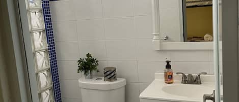 Een badkamer met toilet, wastafel en spiegel.