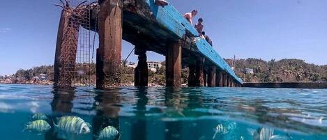 A pier extending into a clear blue body of water with several people sitting on it.