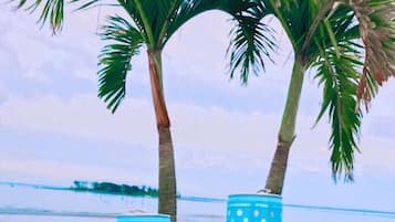 Guests can enjoy refreshing drinks on the beach with a view of the palm trees.