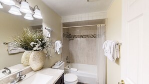 Hair dryer, towels, soap, toilet paper