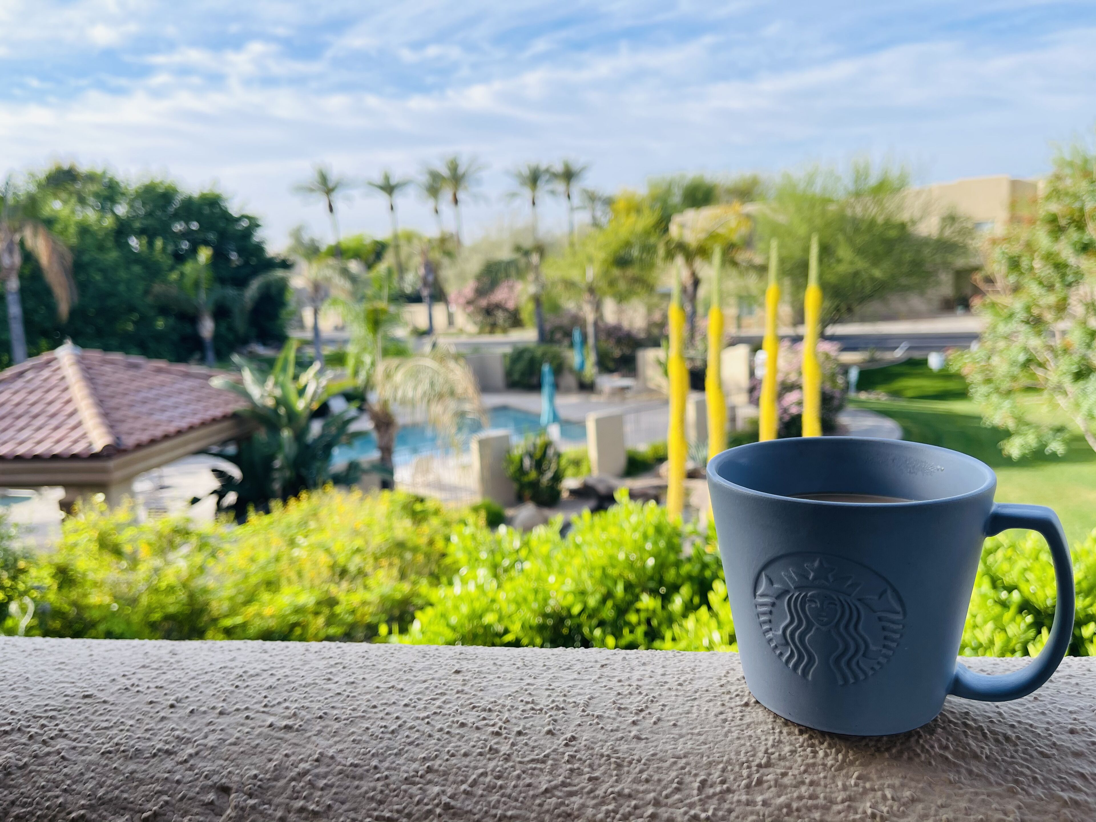 Un vaso azul de Starbucks sobre una superficie con textura, con vista a una piscina, palmeras y un pabellón al fondo.