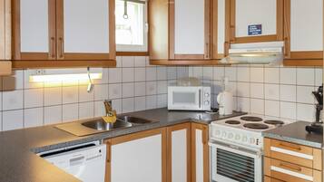 Fridge, microwave, dishwasher, cookware/dishes/utensils