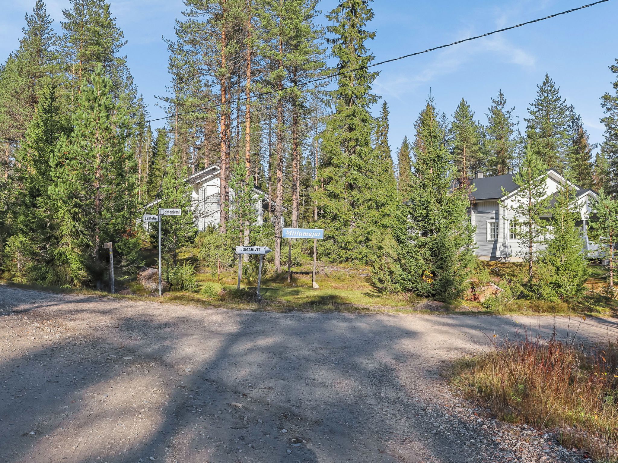 Une route de campagne à revêtement de gravier, bordée d’une forêt dense de conifères et de deux maisons dont les cheminées sont bien visibles.