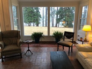 Smart TV, fireplace, books