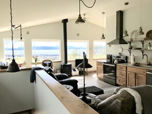 Smart TV, chimenea y libros 