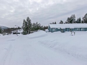 Surrounded by evergreen trees, this cozy cabin sits amidst a serene winter wonderland.
