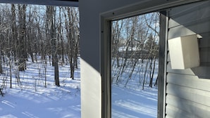 A view from a window overlooking a snowy forest with bare trees.