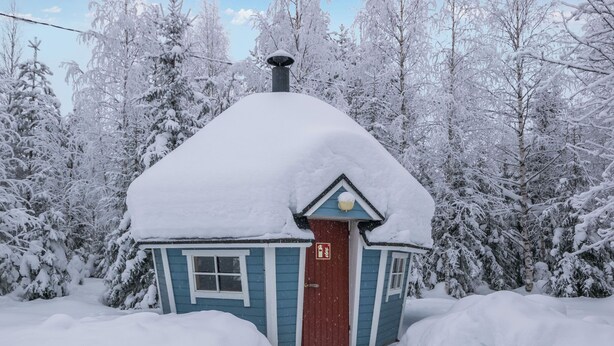 Ein kleines, mit Schnee bedecktes Häuschen mit roter Tür, umgeben von dicht bewachsenen, schneebedeckten Bäumen.