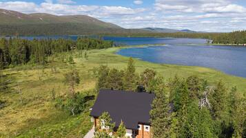 Una casa con techo negro, rodeada por un bosque y un lago.