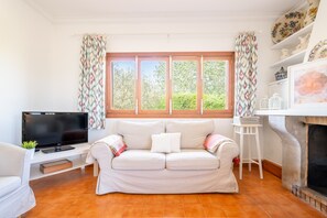 Ein Wohnzimmer mit einer Couch, einem Fernseher und einem Kamin.