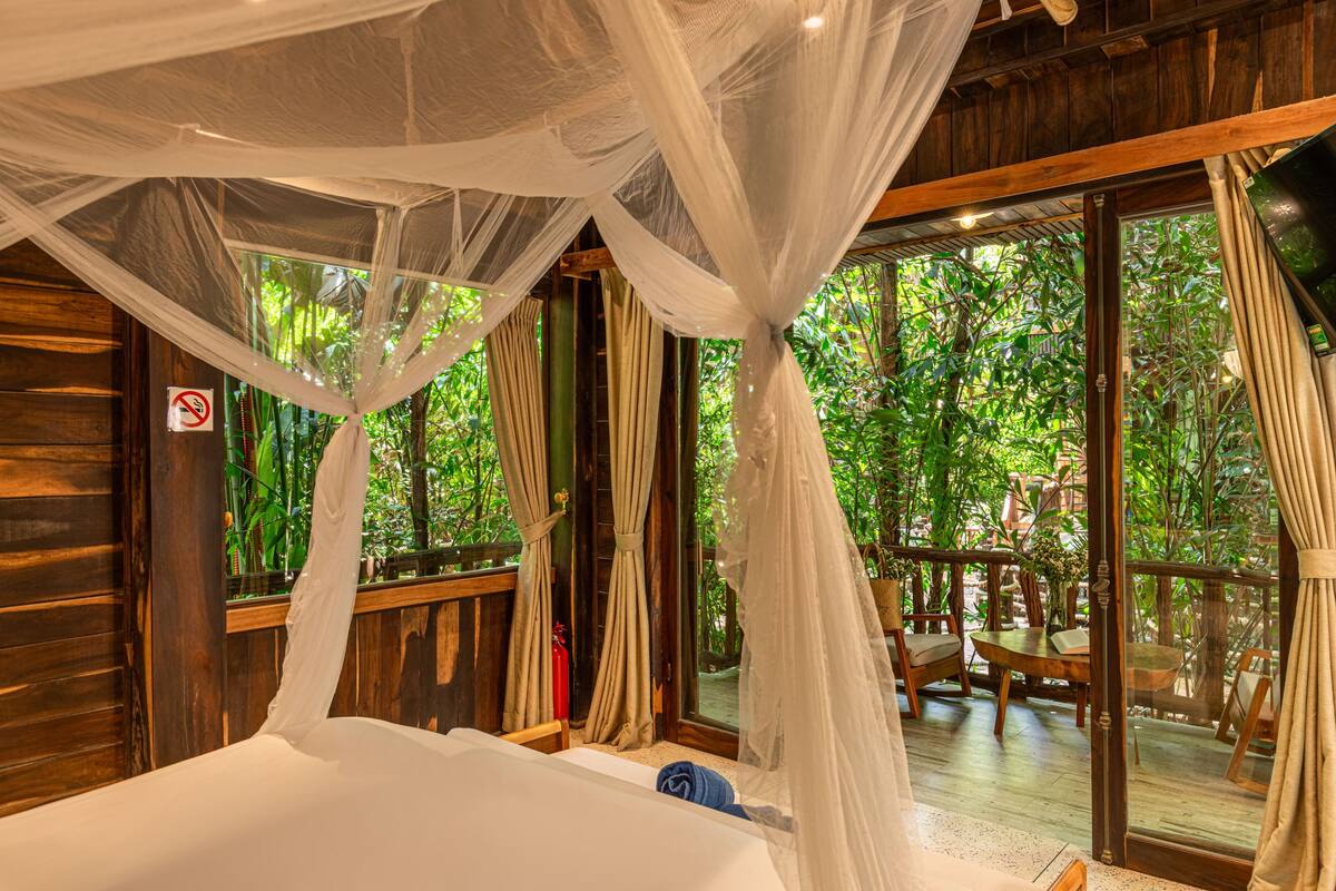 A room with a bed, a window, and a view of greenery.
